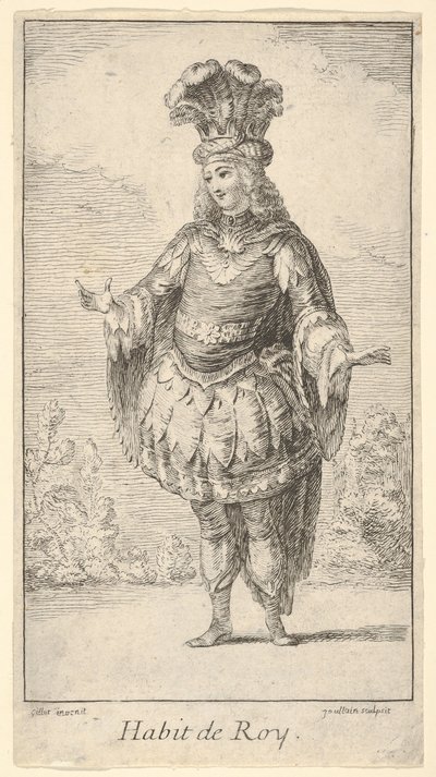 Habit de Roy: en mann iført en tonnelett dekorert med rosetter, en krone og en turban med..., ca. 1721. av Francois Joullain