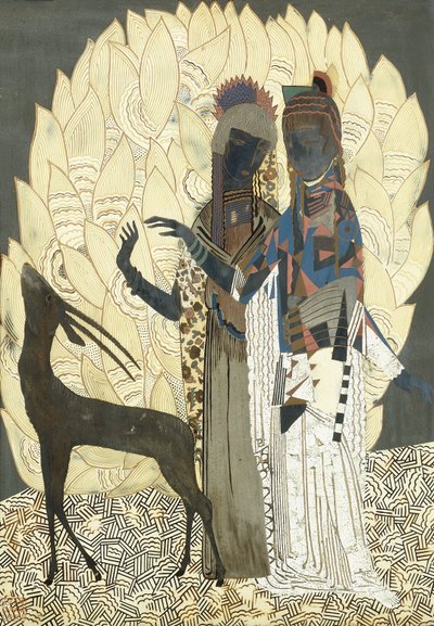 To stiliserte kvinner med en antilope blant løvverk, ca. 1928 (lakk og coquille d