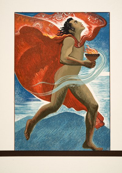 Prometheus Running with Fire, fra Prométhée Enchaîné av Aeschylus, pub. 1941 (pochoir-trykk) av Francois Louis Schmied