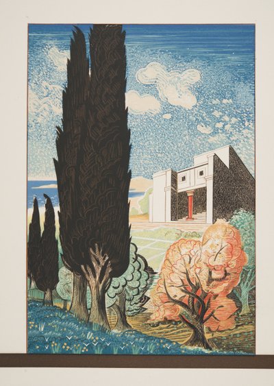 Tempel med Cypress Tree, fra Prometheus Enchained by Aeschylus, pub. 1941 (stensiltrykk) av Francois Louis Schmied