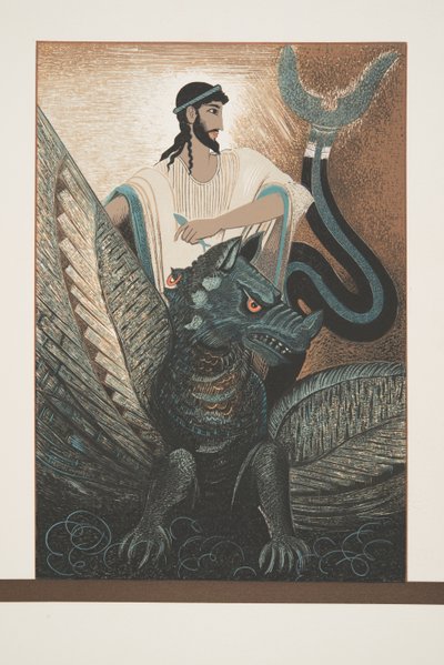Ulysses and Dragon fra Prometheus Enchained av Aeschylus, pub. 1941 (stensiltrykk) av Francois Louis Schmied