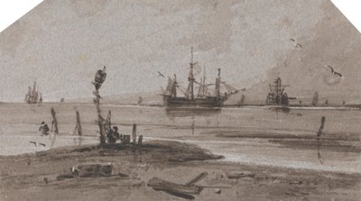 Skip ankret offshore i et stille hav av Francois Louis Thomas Francia