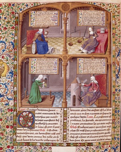 De fire kardinalvirusene: forsiktighet, styrke, kontinens og rettferdighet. Side hentet fra et manuskript av Seneque (Lucius Annaeus Seneca, 4 f.Kr.-65 e.Kr. JC), filosof ved den stoiske skolen, dramatiker og en romersk statsmann opplyst av mesteren Franco av Maître François