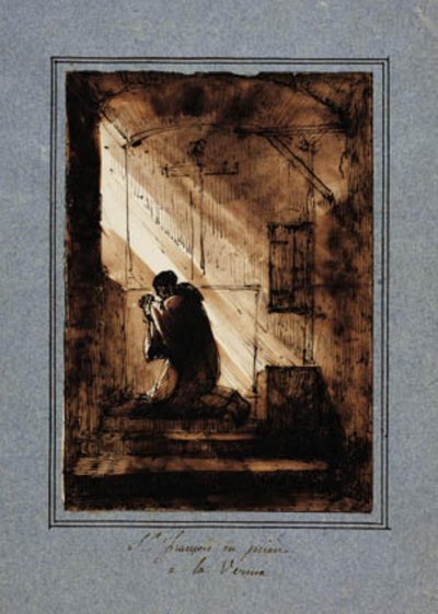 Saint Francis, kneler i bønn i cellen sin av Francois Marius Granet