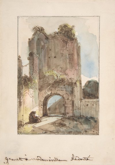 Munk sitter foran en ødelagt gateway, nd. av Francois Marius Granet