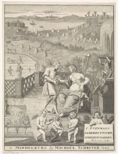 Nederlandsk jomfru mottar blomster fra en gartner Tittelside for: Carolus Tuinman, Opprinnelsen og tolkningen av (...) Nederduitsche ordspråk, 1726. av Francois Morellon la Cave
