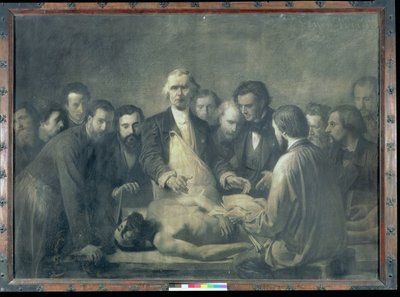The Anatomy Lesson of Doctor Velpeau (1795-1867) (kull på papir lagt på lerret) av Francois Nicolas Augustin Feyen Perrin