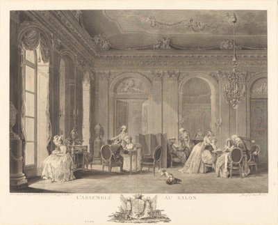 Forsamlingen i stua av Francois Nicolas Barthelemy Dequevauviller after Nicolas Lavreince