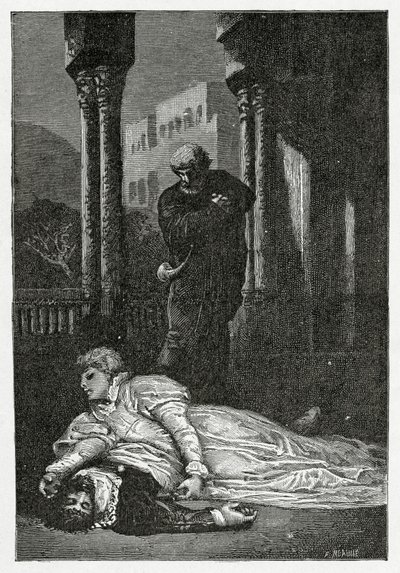 Dona Sol dør på Hernanis lik, 1800-tallet (bw-gravering) av Francois Nicolas Chifflart