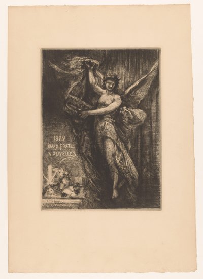 Titelprent setter engel i drukpers 1879 Nye etsninger (tittel på objekt) av Francois Nicolas Chifflart