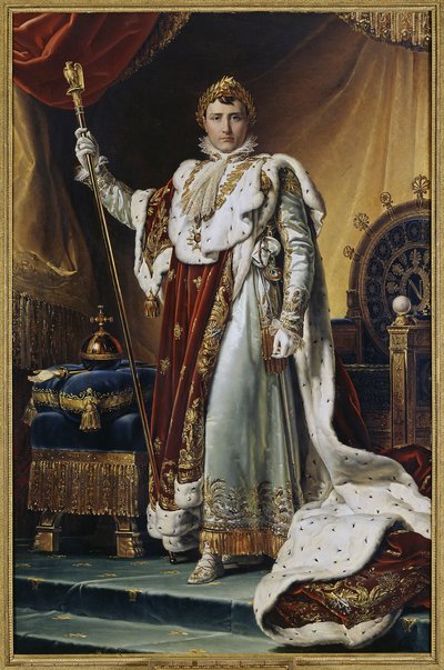 Portrett av keiser Napoleon I Bonaparte (1769-1821) i kroningsdrakt. (Portrett av keiser Napoleon I Bonaparte i sine kroningsklær). Maleri av Francois Pascal Simon, baron Gerard (1770-1837), olje på lerret, ca. 1804. Fransk kunst av Baron François Pascal Simon Gérard