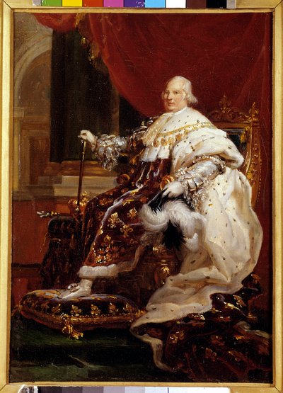 Portrait en pied av Louis XVIII (1755-1824) en costume de corre Maleri av Francois Gerard (1770-1837) 1814 Søn. 0,32 x 0,23 m - Portrett i full lengde av Ludvig XVIII (1755-1824) i kroningskapper. Maleri av Francois Gerard (1770-1837) av Baron François Pascal Simon Gérard