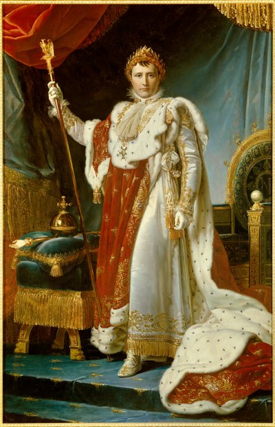 Portrett til fots av Napoleon I i hellig drakt (1769-1821) Keiseren av det franske maleriet av Francois Gerard (1770-1837). 1805. Dim. 2,23 x 1,43 m. Versailles, musee du Chateau - Hellengdeportrett av Napoleon I i kroningsklær (1769-1821) keiser av Baron François Pascal Simon Gérard