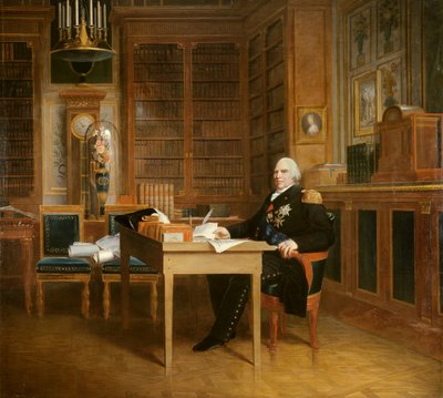 Portrett av Louis XVIII (1755-1824) har sitt kontor på Tuileriene, og mediterer på Charter-maleriet av Francois Gerard (1770-1837) etter Marigny. 1800-tallet. Dim. 2,7x3,1 m. - Portrett av Ludvig XVIII (1755-1824) som mediterer over charteret sittende kl. av Baron François Pascal Simon Gérard
