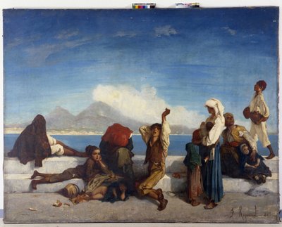 Lazzaroni, karakterer fra det napolitanske folket. Utsikt over Napolibukten (olje på lerret) av Francois Reynaud
