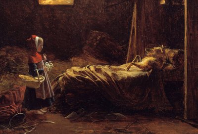 Rødhette, detalj. Illustrasjon av historien om Charles Perrault, den lille rødhetten foran ulven forkledning som bestemor. Maleri av Francois Richard Fleury (1777-1852) 1800-tallets søn. 0,35x0,47 m . av Francois Richard Fleury