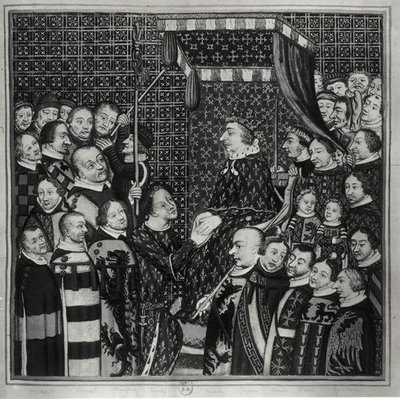 Louis II (1337-1410) greve av Clement, hyller Charles V (1338-80) kopi av en miniatyr fra 1300-tallet (akvarell på papir) (s/hvitt foto) av Francois Roger de Gaignieres