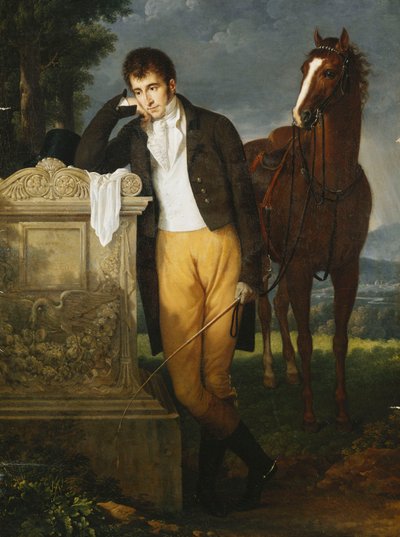 Portrett av Don Luigi Grimaldi, prins av Santa Cruce, Marquis de Pietro Vajrana av Monaco og Genova, lener seg på graven til hans forlovede Fanny, Marquise de Grimaldi, 1804 av Francois Xavier Fabre