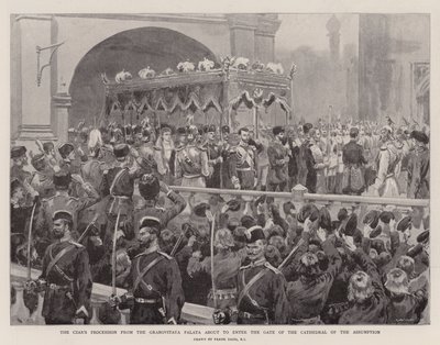 Tsarens prosesjon fra Granovitaya Palata er i ferd med å gå inn i porten til Himmelfartskatedralen (litho) av Frank (after) Dadd