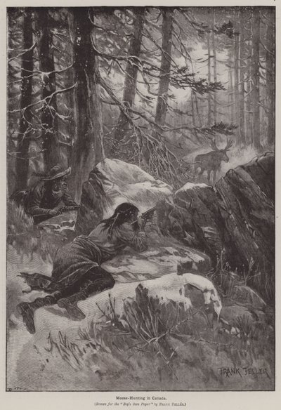 Elgjakt i Canada (gravering) av Frank (after) Feller