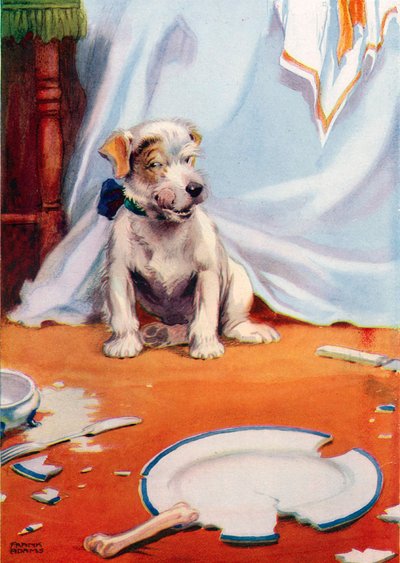 Hund med ødelagt tallerken (farge litho) av Frank Adams