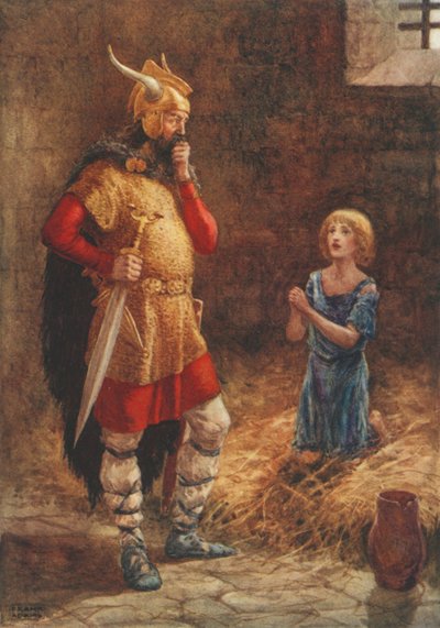 Havelok Begs Mercy of Godard, fra den gamle balladen Havelok the Dane (farge litho) av Frank Adams