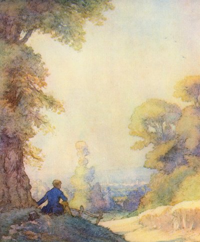 Illustrasjon for The Scholar-Gipsy av Matthew Arnold (farge litho) av Frank Adams