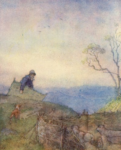 Illustrasjon for The Scholar-Gipsy av Matthew Arnold (farge litho) av Frank Adams