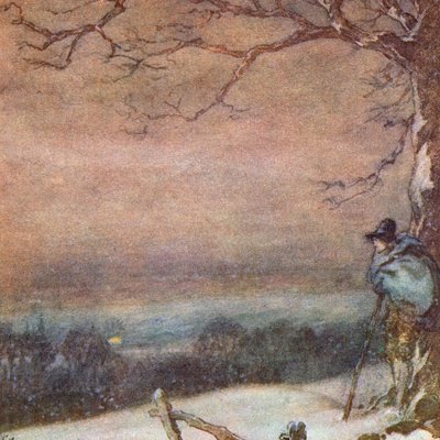 Illustrasjon for The Scholar-Gipsy av Matthew Arnold (farge litho) av Frank Adams