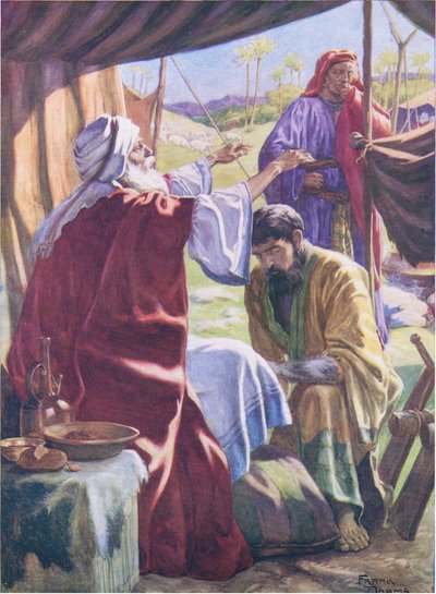 Jakob oppnår velsignelsen, fra The Bible Picture Book utgitt av Thomas Nelson, ca. 1950 (farge litho) av Frank Adams