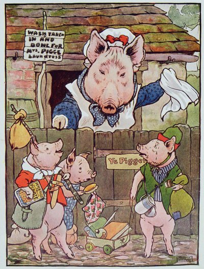 "Hun vendte dem ut av stuen for å finne sitt eget levebrød", illustrasjon fra "De tre små griser" publisert på 1930-tallet (farge litho) av Frank Adams