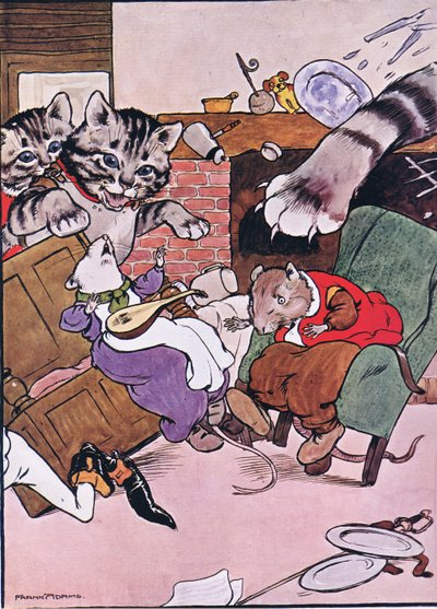 Katten og kattungene hennes kom veltende inn, illustrasjon fra 