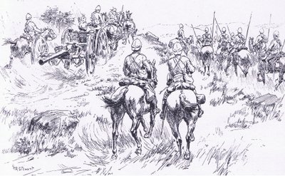 Bullers kavaleri og artilleri rykker frem mot Bergendal, illustrasjon fra After Pretoria: The Guerilla War, 1902 av Frank Algenon Stewart