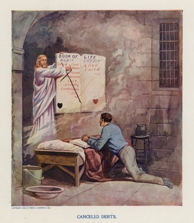 Slettelse av gjeld (fargelitografi) av Frank Beard