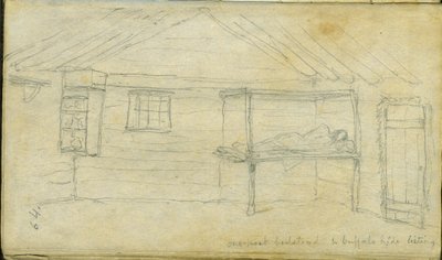 En-stolps sengebunn og bøffelskjul, 1851 av Frank Blackwell Mayer
