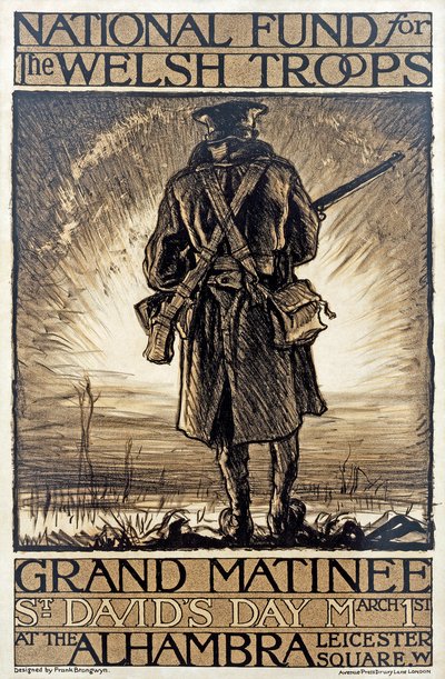 Plakat som annonserer en innsamlingsaksjon for National Fund for the Welsh Troops, 1. mars 1915, av Frank Brangwyn