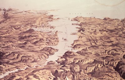 Panoramautsikt over nord- og sørsiden av havnen og havnen i Sebastopol, designet og litografert av Thomas Packer, pub. av Stannard og Dixon, 1855 av Frank C. Hughes