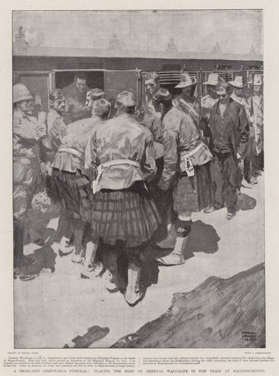 En Highland Chieftain's Funeral, plasserer liket av general Wauchope i toget på Magersfontein av Frank Craig