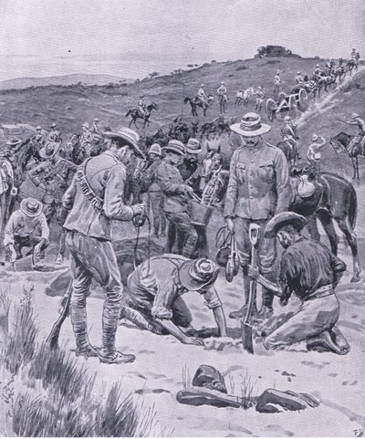 Søker etter vann, fra After Pretoria: The Guerilla War utgitt av Harmsworth Bros Limited, 1901 av Frank Dadd