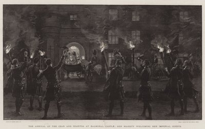 Ankomsten av tsaren og tsaren til Balmoral Castle, Hennes Majestet ønsker sine keiserlige gjester velkommen av Frank Dadd