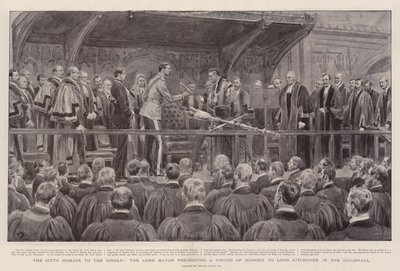 Byens hyllest til Sirdar, Lord Mayor presenterer et æressverd til Lord Kitchener i Guildhall av Frank Dadd