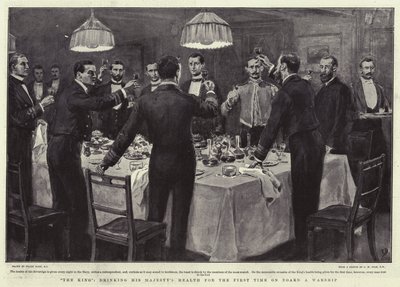 Kongen drikker Hans Majestets helse for første gang om bord på et krigsskip av Frank Dadd