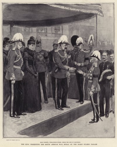 Kongen presenterer den sørafrikanske krigsmedaljen på Horse Guards Parade av Frank Dadd