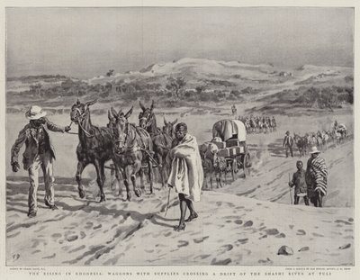 The Rising in Rhodesia, vogner med forsyninger som krysser en drift av Shashi-elven ved Tuli av Frank Dadd