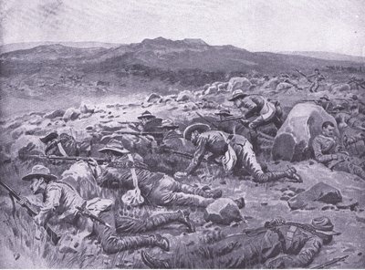Med Queensland Imperial Bushmen på Rhenoster Kop 29. november 1900, illustrasjon fra After Pretoria: The Guerilla War, 1902 av Frank Dadd