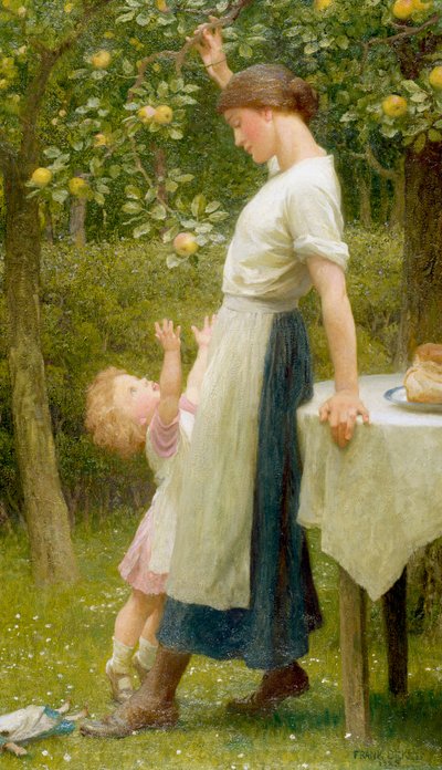 «Utenfor rekkevidde eller Evas døtre» En liten jente prøver å fange et eple på en gren. Akvarell av Frank Dicksee (1853–1928) 1925 Privat samling av Frank Dicksee
