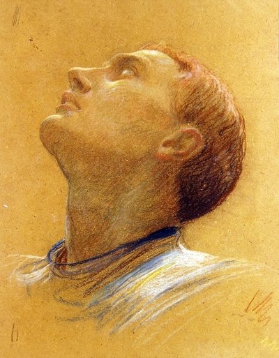 Studie av et oppovervendt hode (farget kritt på papir) av Frank Dicksee