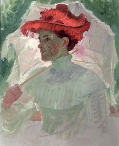 Kvinne med rød hatt og parasoll av Frank Duveneck