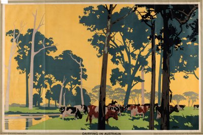 Meieri i Australia, fra serien 'Empire Buying Makes Busy Factories' (farge litho) av Frank Newbould