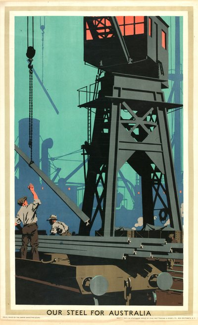 Our Steel for Australia, fra serien «Empire Buying Makes Busy Factories» (farge litho) av Frank Newbould